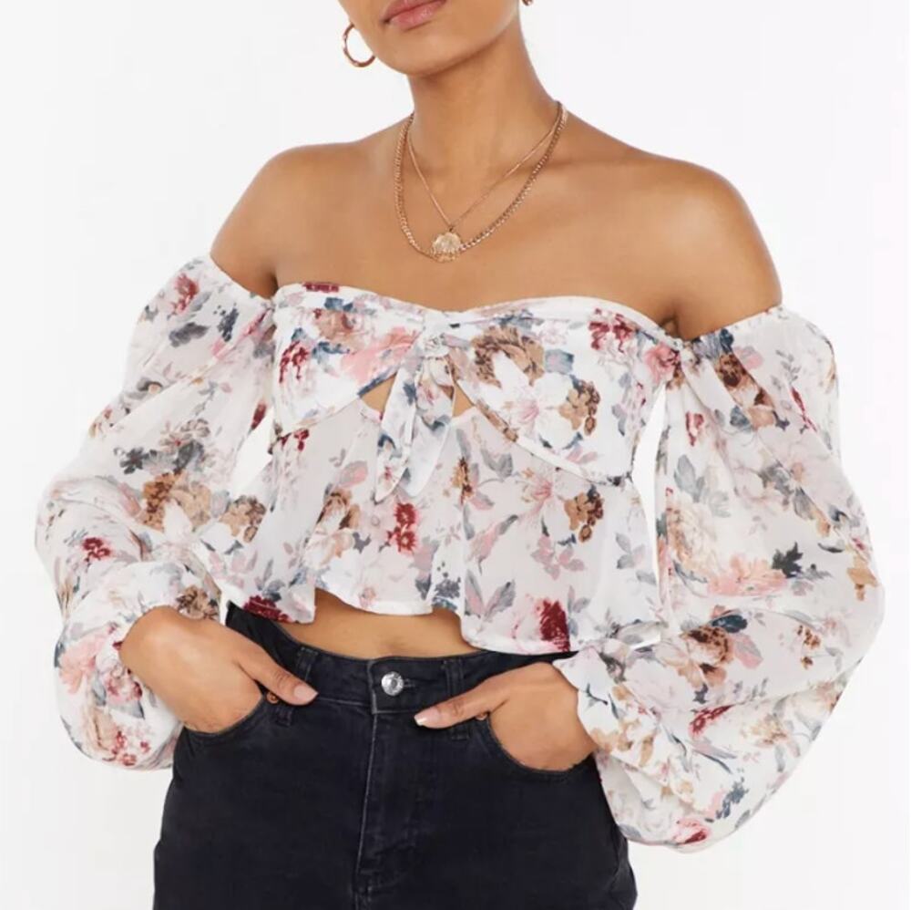Nasty Gal Womens Floral Off the Shoulder Milk Maid Sheer Floral Crop Top Size 10